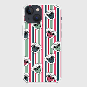 Чехол для iPhone 13 mini с принтом Мопсы в полоску в Тюмени,  |  | летний | мопсы | мордочки | полоска | розовый с зеленым | собаки