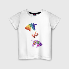 Детская футболка хлопок с принтом Pop-it vs Simple-dimple в Тюмени, 100% хлопок | круглый вырез горловины, полуприлегающий силуэт, длина до линии бедер | Тематика изображения на принте: unicorns | единороги | поп ит | пупырка | симпл димпл