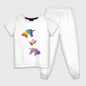Детская пижама хлопок с принтом Pop-it vs Simple-dimple в Тюмени, 100% хлопок |  брюки и футболка прямого кроя, без карманов, на брюках мягкая резинка на поясе и по низу штанин
 | Тематика изображения на принте: unicorns | единороги | поп ит | пупырка | симпл димпл