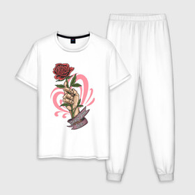 Мужская пижама хлопок с принтом Bring Your Love в Тюмени, 100% хлопок | брюки и футболка прямого кроя, без карманов, на брюках мягкая резинка на поясе и по низу штанин
 | Тематика изображения на принте: love | иллюстрация | роза | рука | сердце