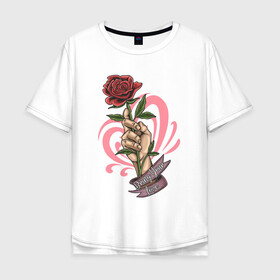 Мужская футболка хлопок Oversize с принтом Bring Your Love в Тюмени, 100% хлопок | свободный крой, круглый ворот, “спинка” длиннее передней части | Тематика изображения на принте: love | иллюстрация | роза | рука | сердце