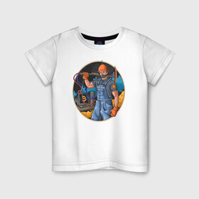 Детская футболка хлопок с принтом Майнер в Тюмени, 100% хлопок | круглый вырез горловины, полуприлегающий силуэт, длина до линии бедер | Тематика изображения на принте: биткоин | иллюстрация | инвестор | крипта | майнер | рабочий