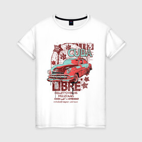 Женская футболка хлопок с принтом CUBA в Тюмени, 100% хлопок | прямой крой, круглый вырез горловины, длина до линии бедер, слегка спущенное плечо | cuba | автомобиль | звезды | куба | машина | надпись | текст