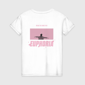 Женская футболка хлопок с принтом EUPHORIA | BTS | PINK Edition  в Тюмени, 100% хлопок | прямой крой, круглый вырез горловины, длина до линии бедер, слегка спущенное плечо | Тематика изображения на принте: bighit | bts | butter | k pop | love yourself | music | битиэс | бойсбенд | бтс | кейпоп | корея | чимин | эйфория