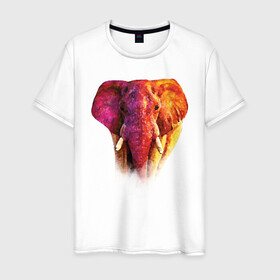 Мужская футболка хлопок с принтом Слон акварельный в Тюмени, 100% хлопок | прямой крой, круглый вырез горловины, длина до линии бедер, слегка спущенное плечо. | africa | animal | colorful | elephant | orange | paint | pink | strength | watercolor | акварель | африка | животное | краски | красочный | оранжевый | розовый | сила | слон