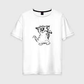 Женская футболка хлопок Oversize с принтом Котенок с вилкой и сосиской в Тюмени, 100% хлопок | свободный крой, круглый ворот, спущенный рукав, длина до линии бедер
 | графика | киска | кот | котенок | котик | кошка | смешной кот | улыбающийся кот | черно белое
