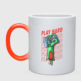 Кружка хамелеон с принтом Play Hard в Тюмени, керамика | меняет цвет при нагревании, емкость 330 мл | gamers | games | hard | play | зомби | иллюстрация