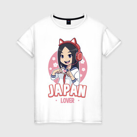 Женская футболка хлопок с принтом Japan lover anime girl в Тюмени, 100% хлопок | прямой крой, круглый вырез горловины, длина до линии бедер, слегка спущенное плечо | Тематика изображения на принте: anime | girl | japan | kawaii | lover | аниме | девушка | кавай | сакура | япония