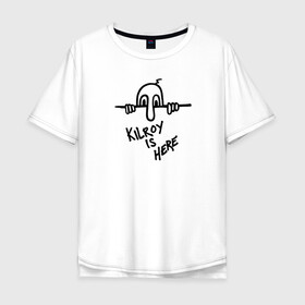 Мужская футболка хлопок Oversize с принтом Kilroy is here в Тюмени, 100% хлопок | свободный крой, круглый ворот, “спинка” длиннее передней части | graffiti | here | kilroy | mem | us | usa | граффити | здесь | килрой | мем | сша
