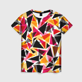 Женская футболка 3D с принтом Разноцветные треугольники в Тюмени, 100% полиэфир ( синтетическое хлопкоподобное полотно) | прямой крой, круглый вырез горловины, длина до линии бедер | абстрактный | геометрические фигуры | геометрический узор | желтый | красный | полигональный | разноцветный | треугольники | черный
