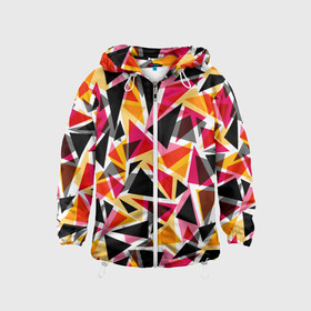 Детская ветровка 3D с принтом Разноцветные треугольники в Тюмени, 100% полиэстер | подол и капюшон оформлены резинкой с фиксаторами, по бокам два кармана без застежек, один потайной карман на груди | абстрактный | геометрические фигуры | геометрический узор | желтый | красный | полигональный | разноцветный | треугольники | черный