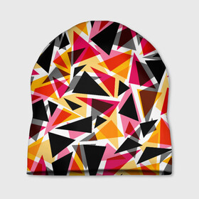 Шапка 3D с принтом Разноцветные треугольники в Тюмени, 100% полиэстер | универсальный размер, печать по всей поверхности изделия | Тематика изображения на принте: абстрактный | геометрические фигуры | геометрический узор | желтый | красный | полигональный | разноцветный | треугольники | черный