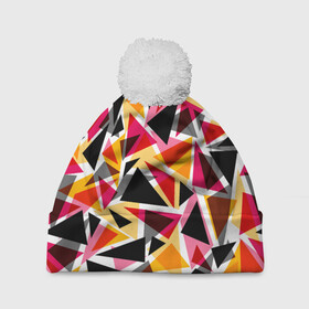 Шапка 3D c помпоном с принтом Разноцветные треугольники в Тюмени, 100% полиэстер | универсальный размер, печать по всей поверхности изделия | абстрактный | геометрические фигуры | геометрический узор | желтый | красный | полигональный | разноцветный | треугольники | черный