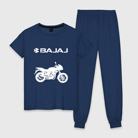 Женская пижама хлопок с принтом BAJAJ / БАДЖАДЖ / MOTOSPORT в Тюмени, 100% хлопок | брюки и футболка прямого кроя, без карманов, на брюках мягкая резинка на поясе и по низу штанин | avenger. | bajaj | boxer | dominar | motorcycle | motosport | pulsar | racing | speed | sport | баджадж | байк | гонки | двигатель | мото | мотокросс | мотоспорт | мототриал | мотоцикл | скорость | спорт