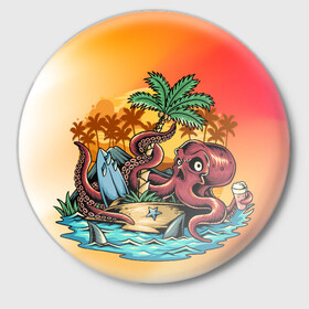 Значок с принтом Осьминожка в Тюмени,  металл | круглая форма, металлическая застежка в виде булавки | арт | графика | лето | морские жители | осьминог | пальмы | пляж