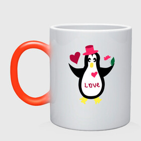 Кружка хамелеон с принтом Влюбленный пингвин в Тюмени, керамика | меняет цвет при нагревании, емкость 330 мл | животные | кавайи | любовь | надпись на английском | сердца | цветы