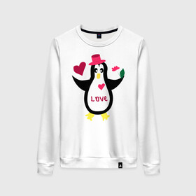Женский свитшот хлопок с принтом Влюбленный пингвин в Тюмени, 100% хлопок | прямой крой, круглый вырез, на манжетах и по низу широкая трикотажная резинка  | животные | кавайи | любовь | надпись на английском | сердца | цветы
