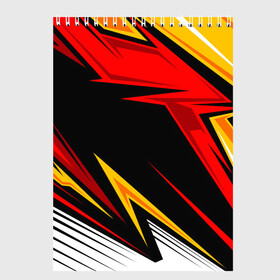 Скетчбук с принтом КРАСНО-ЖЕЛТЫЙ СПОРТ | SPORT в Тюмени, 100% бумага
 | 48 листов, плотность листов — 100 г/м2, плотность картонной обложки — 250 г/м2. Листы скреплены сверху удобной пружинной спиралью | 3d | abstraction | geometry | hexagon | neon | paints | red | stripes | texture | yellow | абстракция | брызги | геометрия | желтый | краски | красный | неон | неоновый | разлом | соты | текстура