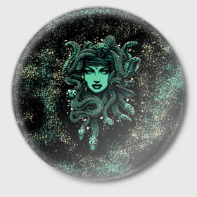 Значок с принтом Медуза в Тюмени,  металл | круглая форма, металлическая застежка в виде булавки | бирюзовый. | греческие мифология | женщина | змеи | краски | красный | медуза горгона