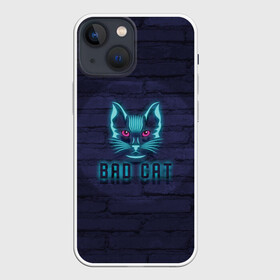 Чехол для iPhone 13 mini с принтом Bad cat в Тюмени,  |  | neon | neon cat | кирпич | неон | неоновый кот | стена | тренд