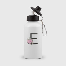 Бутылка спортивная с принтом Буква Е с цветочным принтом в Тюмени, металл | емкость — 500 мл, в комплекте две пластиковые крышки и карабин для крепления | буква е | евгения | елена | елизавета | имя | монограмма | цветы