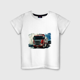 Детская футболка хлопок с принтом SCANIA Дальнобой в Тюмени, 100% хлопок | круглый вырез горловины, полуприлегающий силуэт, длина до линии бедер | грузовик | грузоперевозки | дальнобойщик | евро трак симулятор | машина. | тягач | фура