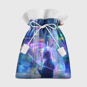Подарочный 3D мешок с принтом ANIME NEON в Тюмени, 100% полиэстер | Размер: 29*39 см | абстракция | аниме | город | гром | девочка | девушка | дождик | дождь | зонт | зонтик | молния | неон | неоновая | неоновый | персонаж | под дождем | синий | фиолетовый