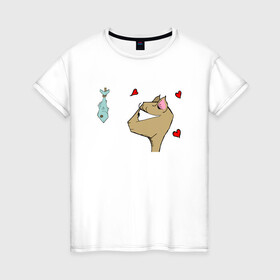 Женская футболка хлопок с принтом Love Fish в Тюмени, 100% хлопок | прямой крой, круглый вырез горловины, длина до линии бедер, слегка спущенное плечо | animal | cat | cute | kitty | meow | друг | животные | киска | кися | китти | кот | котенок | котик | котэ | кошечка | кошка | мур | мяу | питомец