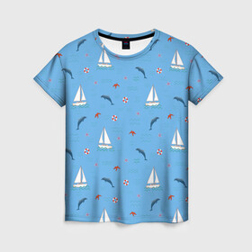 Женская футболка 3D с принтом Море, дельфины, парусник в Тюмени, 100% полиэфир ( синтетическое хлопкоподобное полотно) | прямой крой, круглый вырез горловины, длина до линии бедер | boat | dolphins | lifebuoy | marine | ocean | sea | southern | starfish | summer | vacation | waves | волны | корабль | лето | лодка | морская звезда | морской | обитатели | океан | отдых | пейзаж | плавание | пляж | синий | спасательный круг | 