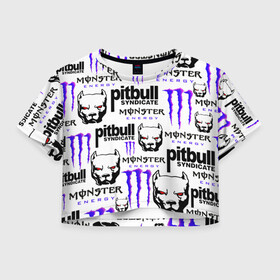 Женская футболка Crop-top 3D с принтом PITBULL SYNDICATE X MONSTER в Тюмени, 100% полиэстер | круглая горловина, длина футболки до линии талии, рукава с отворотами | games | monster energy | pitbull syndicate | игры | питбудь синдикат | питбуль | разработчик игр | собака | энергетик. | эрик давидыч