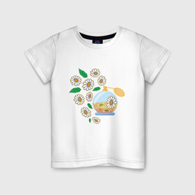 Детская футболка хлопок с принтом Духи с ромашкой в Тюмени, 100% хлопок | круглый вырез горловины, полуприлегающий силуэт, длина до линии бедер | aroma | chamomile | flower | perfume | аромат | духи | парфюм | ромашка | цветок