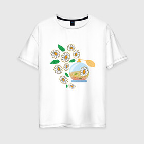 Женская футболка хлопок Oversize с принтом Духи с ромашкой в Тюмени, 100% хлопок | свободный крой, круглый ворот, спущенный рукав, длина до линии бедер
 | aroma | chamomile | flower | perfume | аромат | духи | парфюм | ромашка | цветок