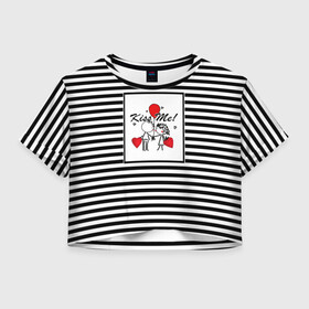 Женская футболка Crop-top 3D с принтом Аппликация про любовь  в Тюмени, 100% полиэстер | круглая горловина, длина футболки до линии талии, рукава с отворотами | любовь | молодежный | набросок | полосатый узор | популярный | рисунок | скетч | черно белый | школа