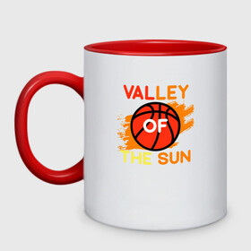 Кружка двухцветная с принтом Valley Of The Sun в Тюмени, керамика | объем — 330 мл, диаметр — 80 мм. Цветная ручка и кайма сверху, в некоторых цветах — вся внутренняя часть | basketball | mvp | nba | phoenix | sport | streetball | suns | аризона | баскетбол | игра | крис пол | мяч | нба | санс | спорт | стритбол | тренер | финикс | чемпион