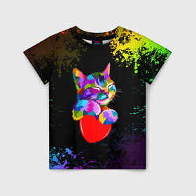Детская футболка 3D с принтом РАДУЖНЫЙ КОТИК / RAINBOW KITTY в Тюмени, 100% гипоаллергенный полиэфир | прямой крой, круглый вырез горловины, длина до линии бедер, чуть спущенное плечо, ткань немного тянется | heart | kitty | like | low poly | rainbow | животные | звери | котик | лайк | радуга | радужный котик | сердечко | цветные