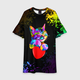 Детское платье 3D с принтом РАДУЖНЫЙ КОТИК / RAINBOW KITTY в Тюмени, 100% полиэстер | прямой силуэт, чуть расширенный к низу. Круглая горловина, на рукавах — воланы | Тематика изображения на принте: heart | kitty | like | low poly | rainbow | животные | звери | котик | лайк | радуга | радужный котик | сердечко | цветные