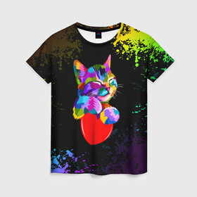 Женская футболка 3D с принтом РАДУЖНЫЙ КОТИК / RAINBOW KITTY в Тюмени, 100% полиэфир ( синтетическое хлопкоподобное полотно) | прямой крой, круглый вырез горловины, длина до линии бедер | heart | kitty | like | low poly | rainbow | животные | звери | котик | лайк | радуга | радужный котик | сердечко | цветные