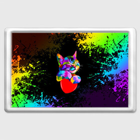 Магнит 45*70 с принтом РАДУЖНЫЙ КОТИК / RAINBOW KITTY в Тюмени, Пластик | Размер: 78*52 мм; Размер печати: 70*45 | Тематика изображения на принте: heart | kitty | like | low poly | rainbow | животные | звери | котик | лайк | радуга | радужный котик | сердечко | цветные