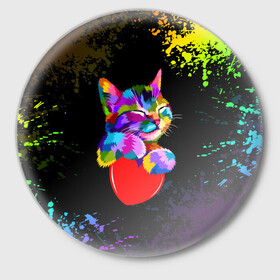 Значок с принтом РАДУЖНЫЙ КОТИК / RAINBOW KITTY в Тюмени,  металл | круглая форма, металлическая застежка в виде булавки | Тематика изображения на принте: heart | kitty | like | low poly | rainbow | животные | звери | котик | лайк | радуга | радужный котик | сердечко | цветные