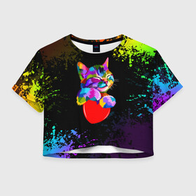 Женская футболка Crop-top 3D с принтом РАДУЖНЫЙ КОТИК / RAINBOW KITTY в Тюмени, 100% полиэстер | круглая горловина, длина футболки до линии талии, рукава с отворотами | heart | kitty | like | low poly | rainbow | животные | звери | котик | лайк | радуга | радужный котик | сердечко | цветные