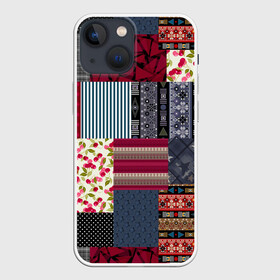 Чехол для iPhone 13 mini с принтом Деревенский стиль. Пэчворк. в Тюмени,  |  | бордовый и черный | звезды | комбинированный | полосатый | полосатый узор | пэчворк | черный