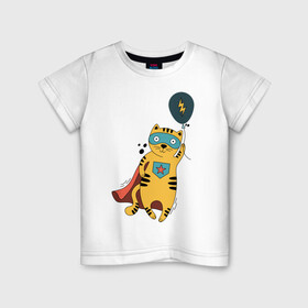 Детская футболка хлопок с принтом Супер кот в Тюмени, 100% хлопок | круглый вырез горловины, полуприлегающий силуэт, длина до линии бедер | super cat | воздушный шарик | кот в плаще | кот герой | супер кот