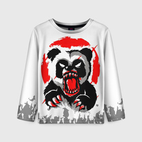 Детский лонгслив 3D с принтом Злая Кровавая Панда в Тюмени, 100% полиэстер | длинные рукава, круглый вырез горловины, полуприлегающий силуэт
 | Тематика изображения на принте: animal | beast | blood | fire | monster | panda | животные | звери | зубы | кровь | монстр | огонь | панда | хищник
