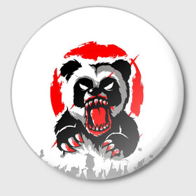Значок с принтом Злая Кровавая Панда в Тюмени,  металл | круглая форма, металлическая застежка в виде булавки | animal | beast | blood | fire | monster | panda | животные | звери | зубы | кровь | монстр | огонь | панда | хищник