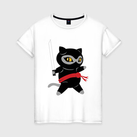 Женская футболка хлопок с принтом Ninja Cat в Тюмени, 100% хлопок | прямой крой, круглый вырез горловины, длина до линии бедер, слегка спущенное плечо | animal | cat | cute | kitty | meow | друг | животные | киска | кися | китти | кот | котенок | котик | котэ | кошечка | кошка | мур | мяу | ниндзя | питомец