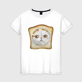 Женская футболка хлопок с принтом Bread Cat в Тюмени, 100% хлопок | прямой крой, круглый вырез горловины, длина до линии бедер, слегка спущенное плечо | animal | bread | cat | cute | kitty | meow | друг | еда | животные | киска | кися | китти | кот | котенок | котик | котэ | кошечка | кошка | мур | мяу | питомец | хлеб