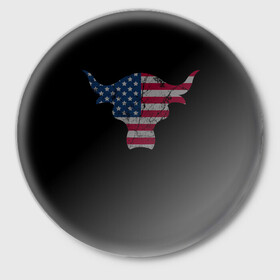 Значок с принтом The Bull в Тюмени,  металл | круглая форма, металлическая застежка в виде булавки | америка | белый | бык | звёзды | красный | полоски | рога | флаг