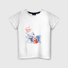 Детская футболка хлопок с принтом Кошачья группа в Тюмени, 100% хлопок | круглый вырез горловины, полуприлегающий силуэт, длина до линии бедер | арт | барабаны | группа | кот | котик | кошачья группа | кошачья стая | кошка | музыка | музыкальная группа | музыканты | рисунок
