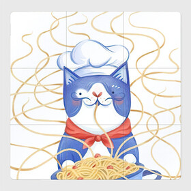 Магнитный плакат 3Х3 с принтом Котик-повар в Тюмени, Полимерный материал с магнитным слоем | 9 деталей размером 9*9 см | Тематика изображения на принте: арт | кот | котик | кошка | макароны | паста | повар | рисунок | спагетти