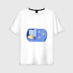Женская футболка хлопок Oversize с принтом Сладкие сны в Тюмени, 100% хлопок | свободный крой, круглый ворот, спущенный рукав, длина до линии бедер
 | арт | звезда | звёзды | консервы | кот | котик | кошка | ночь | рисунок | рыба | рыбка | сны | сон | спокойной ночи